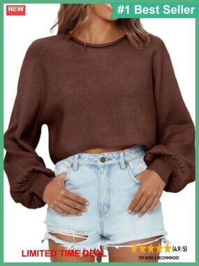 Acrylic Cropped Lantern Sleeve Crewneck Pullover Sweater Loose Y2K Style